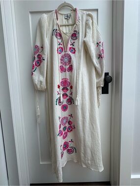 Antik Batik Cream Midi Dress with Pink & Green Floral Embroidery